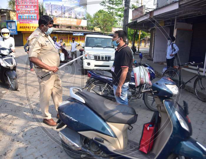 Police Personnel Stop Commuters For Flouting Lockdown Norms Amid The Coronavirus Outbreak In Nagaon District Of Assam  On April 10,2020 