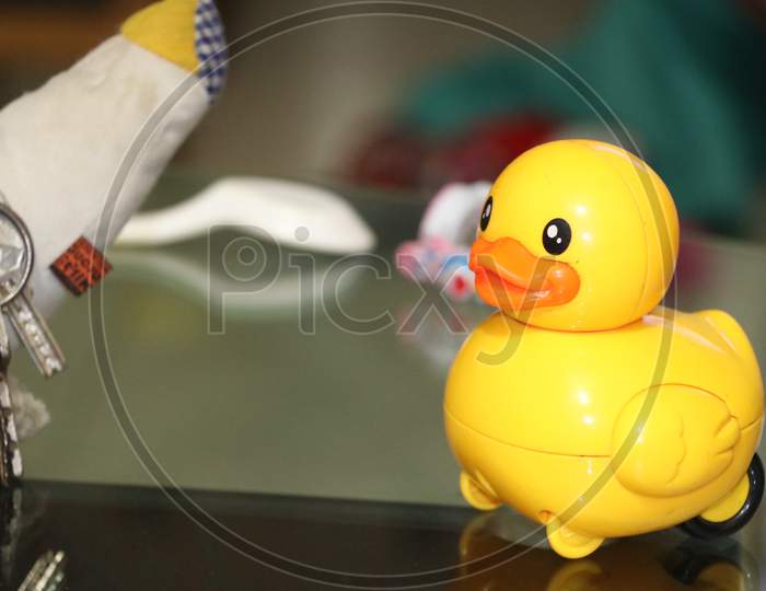 A Yellow Plastic Duck With Very Soft Background Ever Waiting For Swimming.