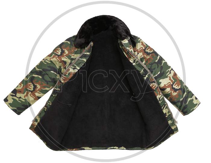 Camouflage Winter Jacket With Black Collar. Isolated On White Background.