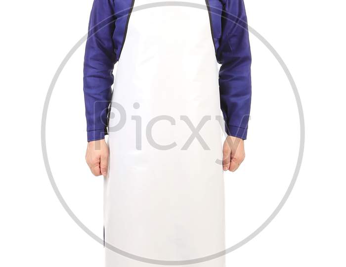 Worker Wearing Blue Apron. Isolated On A White Background.