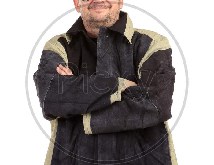 Confident Welder In Glasses. Isolated On A White Background.