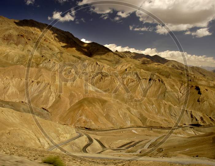 Landscape of Green Terrains And River Valleys in Ladakh With Blue Sky As Background