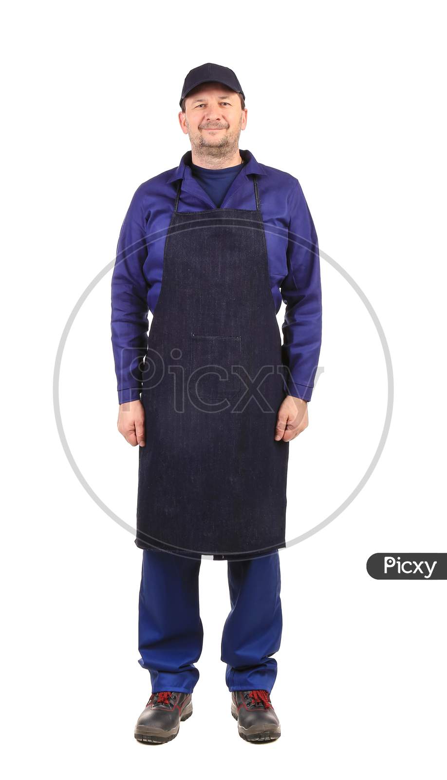Worker Wearing Black Apron. Isolated On A White Background.