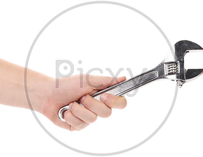 Man Hand Holds Wrench. Isolated On A White Background.