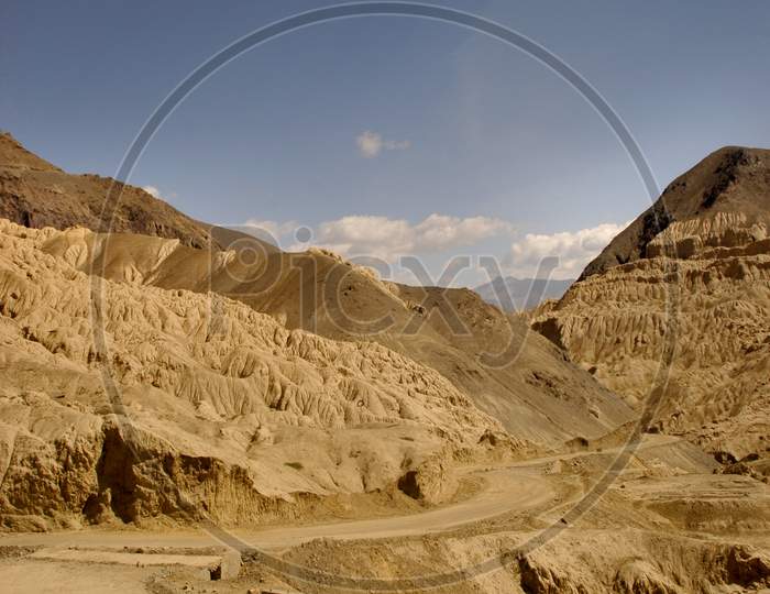 Beautiful Scapes Of Ladakh With Roads in Terrain And Mountains In Background