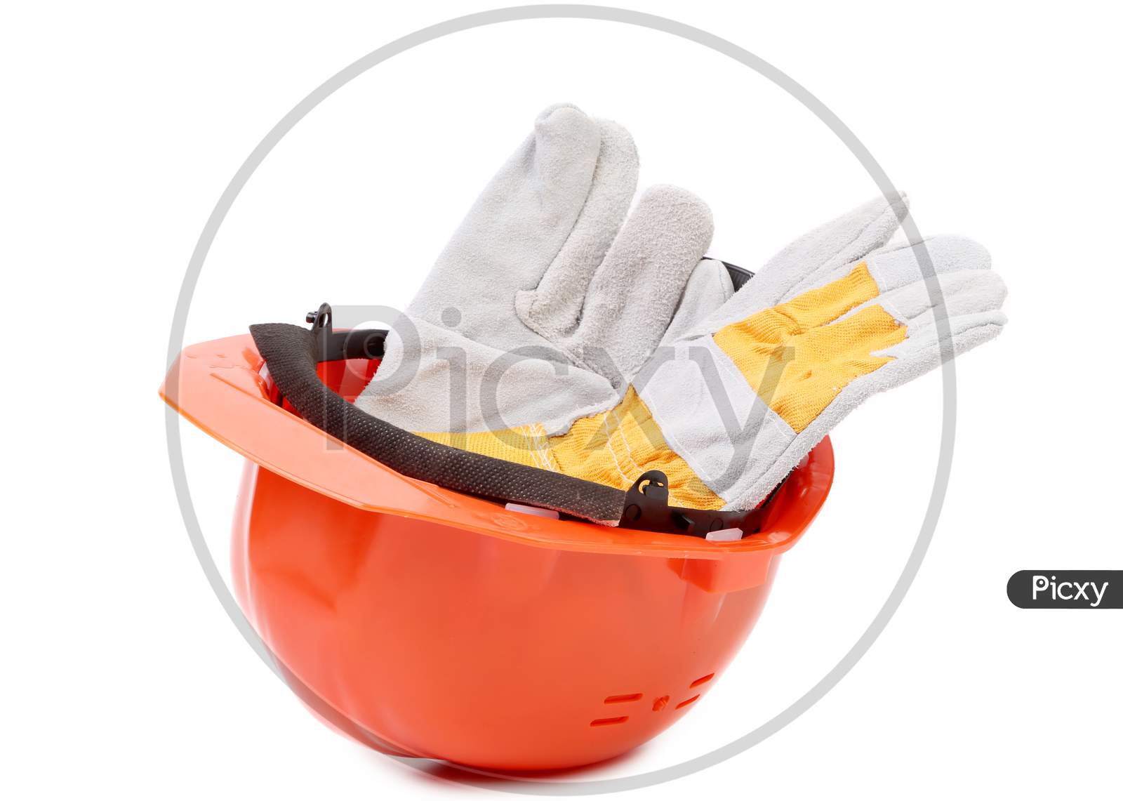 Red Hard Hat With Leather Gloves. Isolated On A White Background.