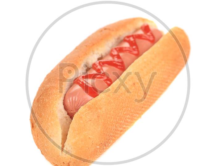 Hot Dog With Ketchup. Isolated On A White Background.
