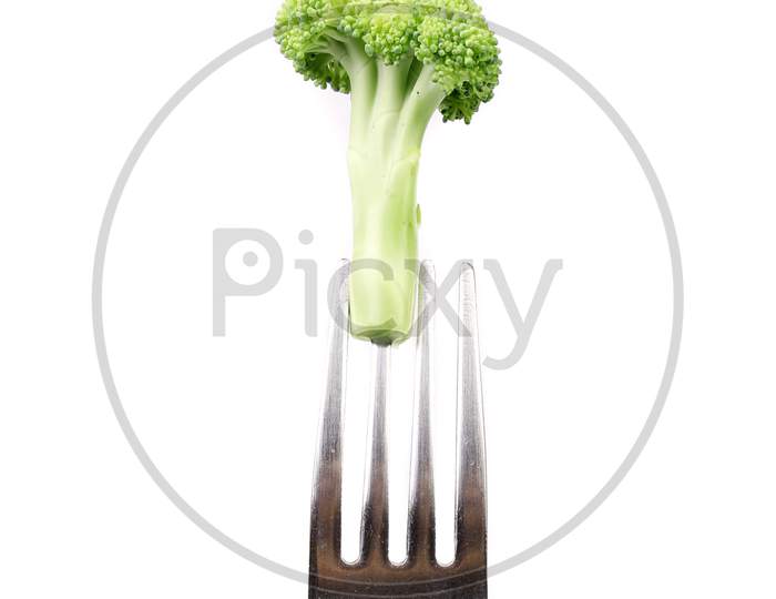 Fresh Broccoli On A Fork. White Background.