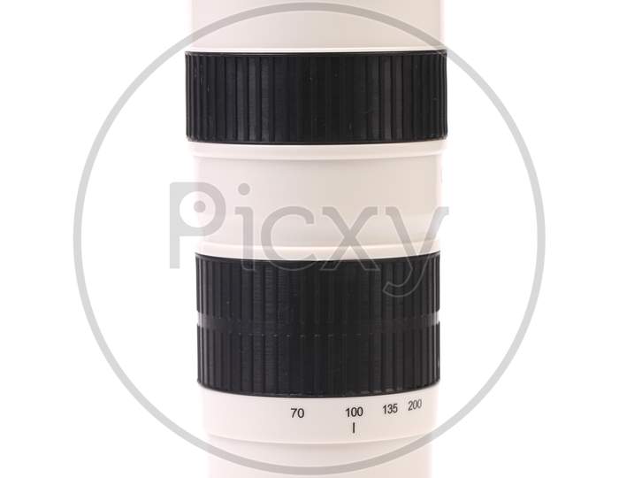 Vacuum Flask As Telezoom. Isolated On A White Background.