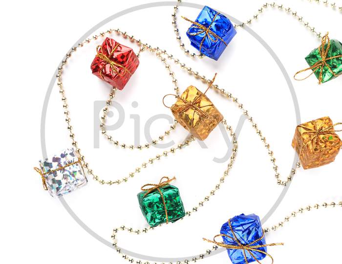 Christmas Garland With Small Gifts. Isolated On A White Background.