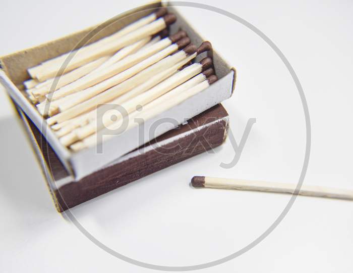 Box Of Matches On The White Background. Selective Focus. View From Upper Angle.