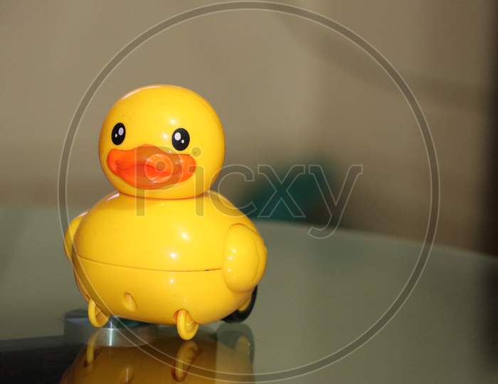 A Yellow Plastic Duck With Very Soft Background Ever Waiting For Swimming.