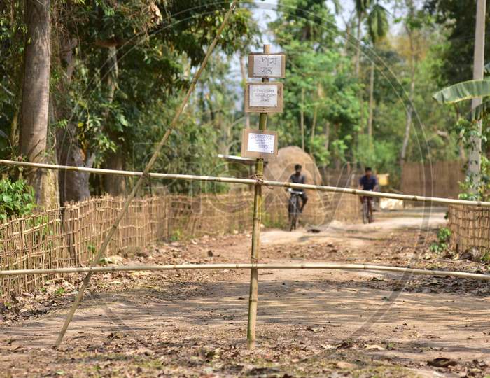 Barricade Made Of Bamboo Laid Across A Road By Residents During A 21-Day Nationwide Lockdown To Limit The Spreading Of Coronavirus Disease (Covid-19), At A Village In Nagaon District Of Assam