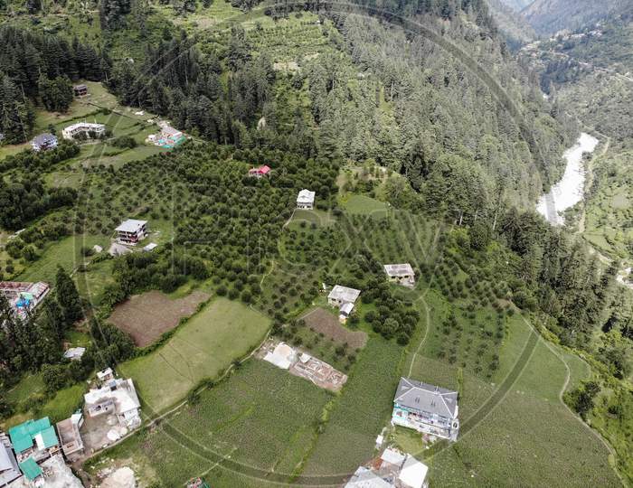 Aerial view Mountain Green Valley Farms around Lake