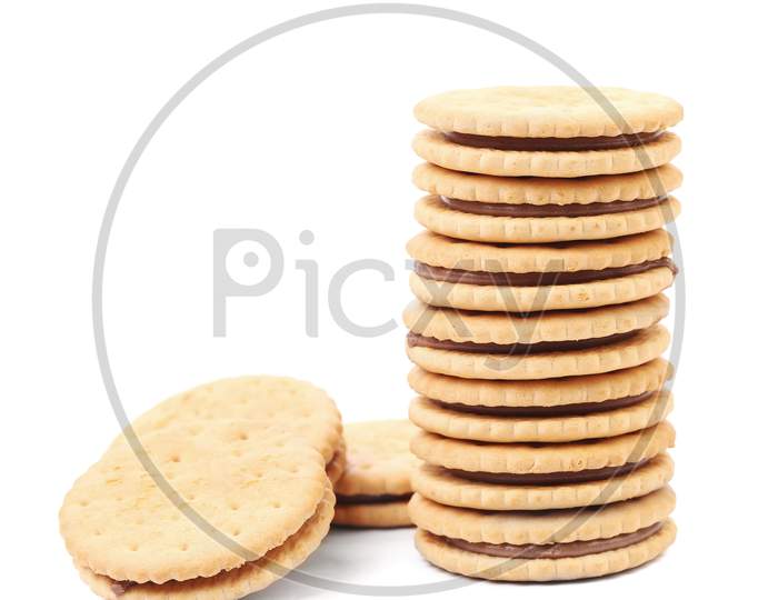 Stack Of Filled Cookies. Isolated On A White Background.