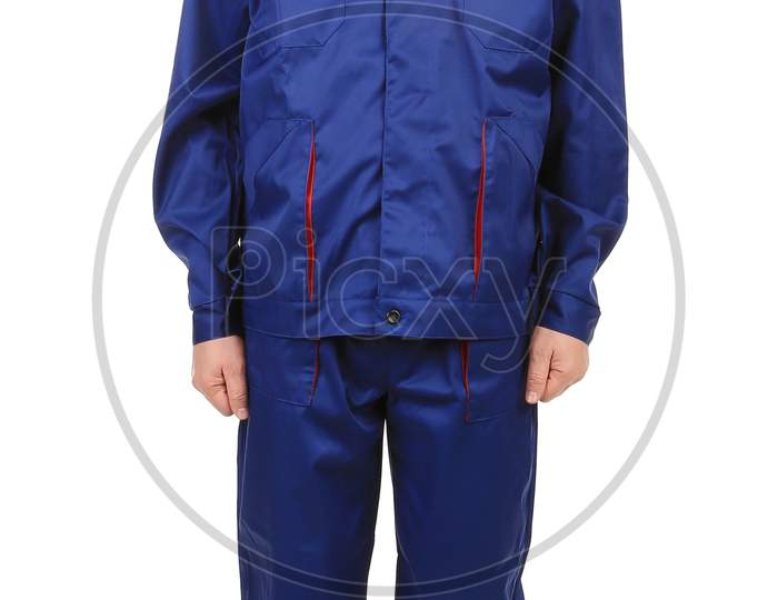 Worker In Red-Blue Workwear. Isolated On A White Background.