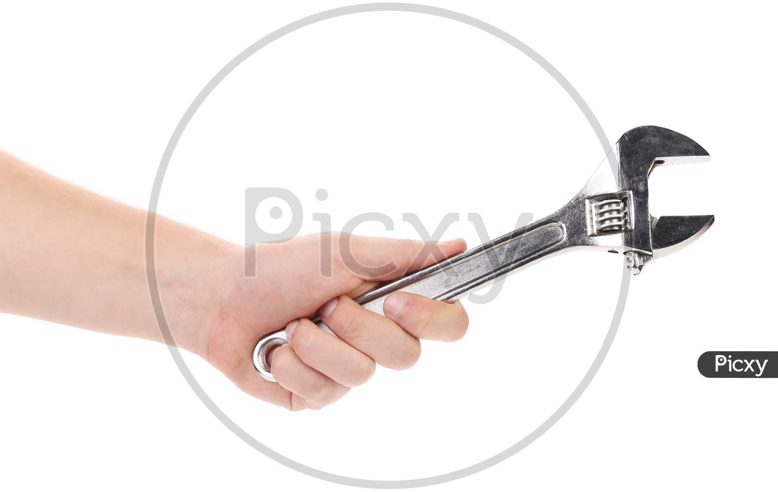Man Hand Holds Wrench. Isolated On A White Background.