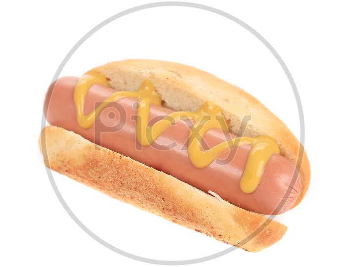 Hotdog With Mustard. Isolated On A White Background.