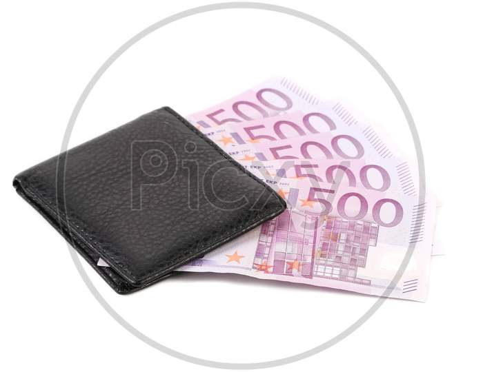 Five Hundred Euro In Purse. Isolated On A White Background.