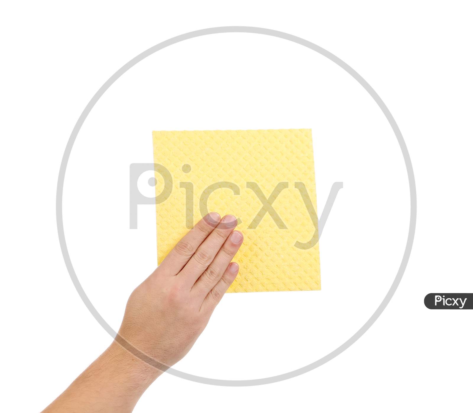 Hand Holds Yellow Cleaning Sponge. Isolated On A White Background.