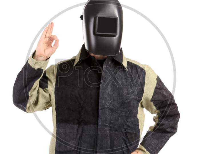 Confident Welder In The Mask. Isolated On A White Background.