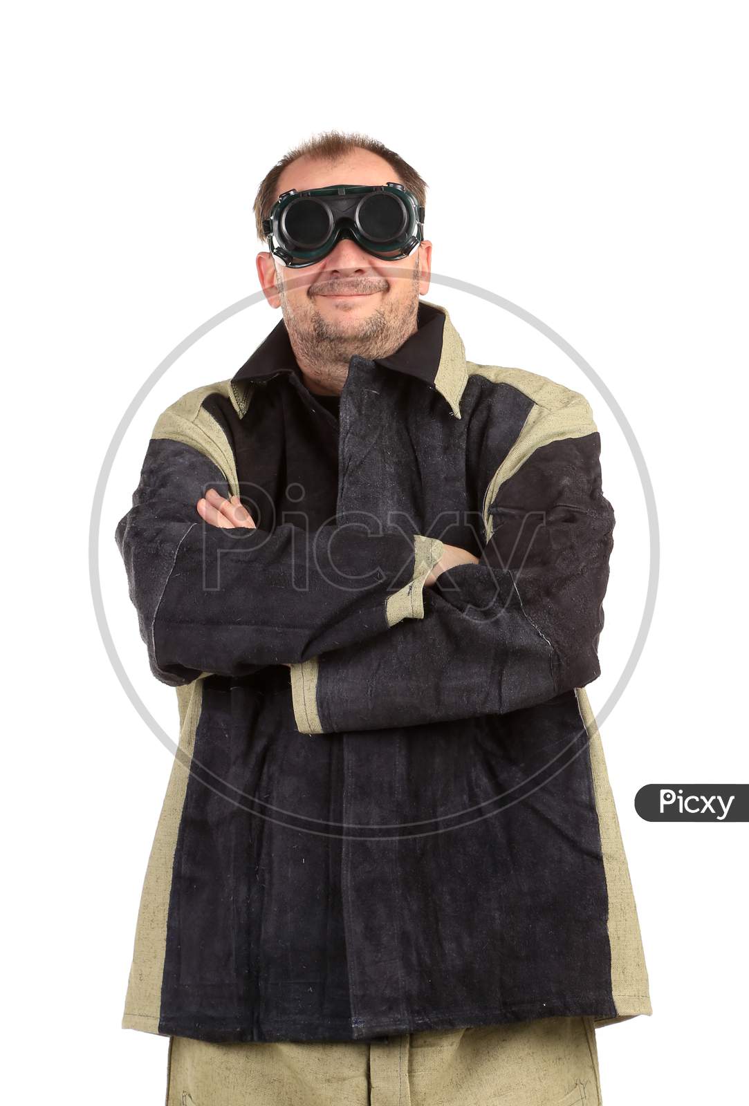 Confident Welder In Glasses. Isolated On A White Background.