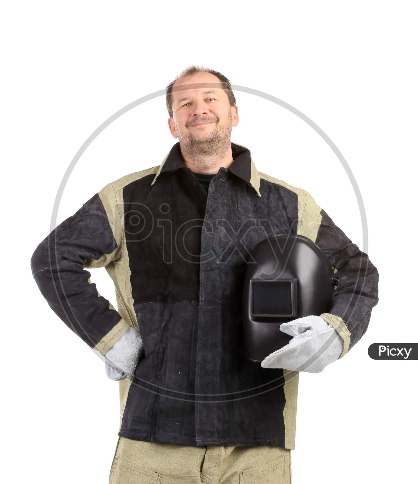 Welder With Mask In Hand. Isolated On A White Background.