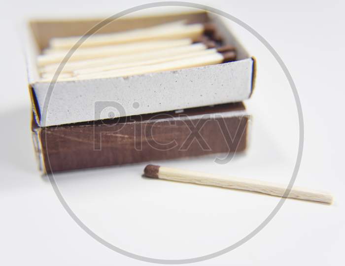 Box Of Matches On The White Background. Selective Focus.