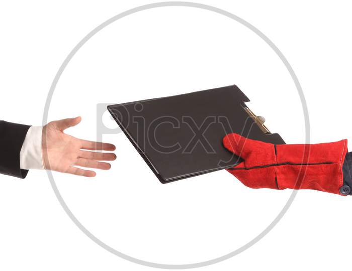 Two Hands Holding Folder. Isolated On A White Background.