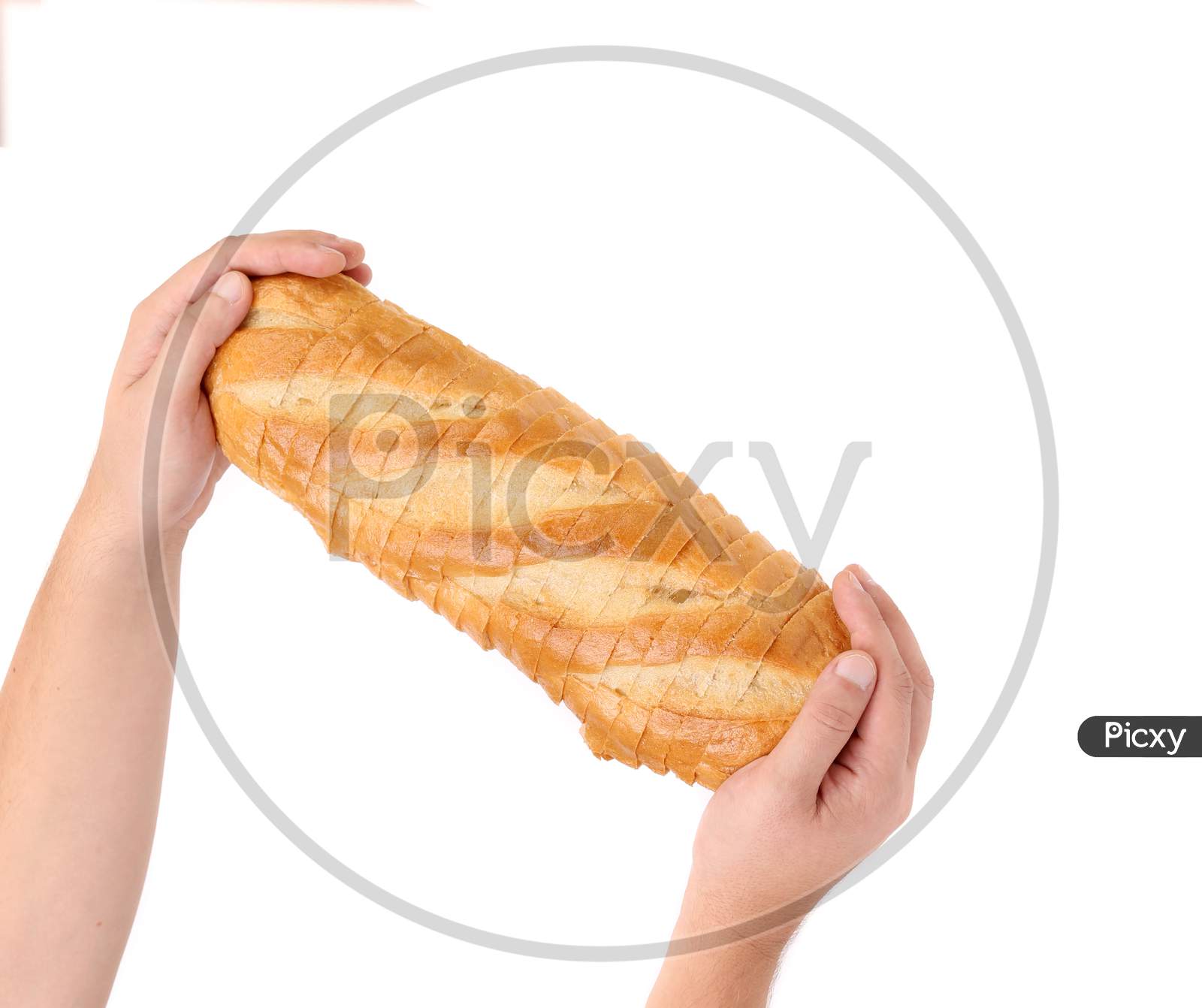 Sliced White Bread On A Hand. Isolated On A White Background.