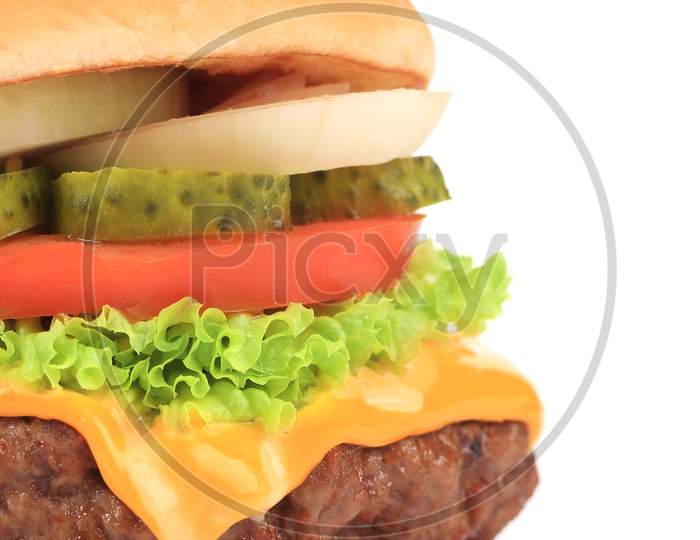 Big Appetizing Hamburger. Close Up. Whole Background.