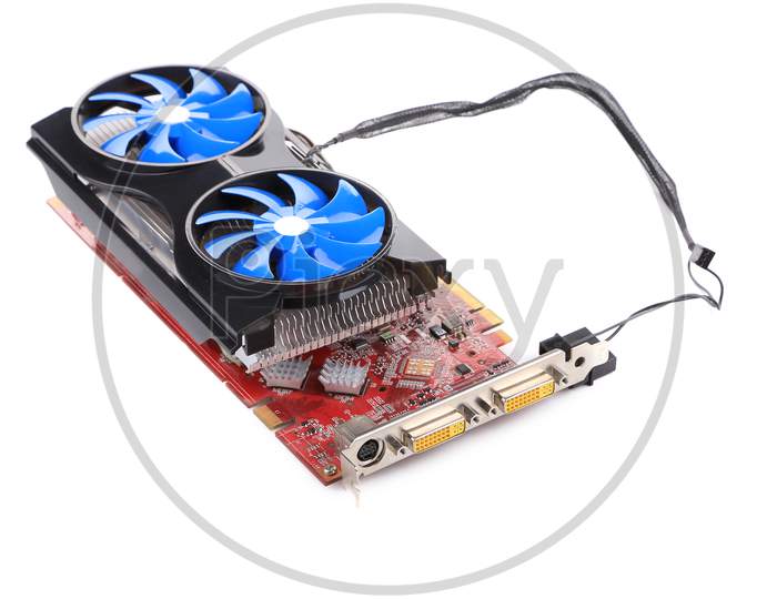 Powerful Computer Cooler With Blue Fun. Isolated On The White Background.