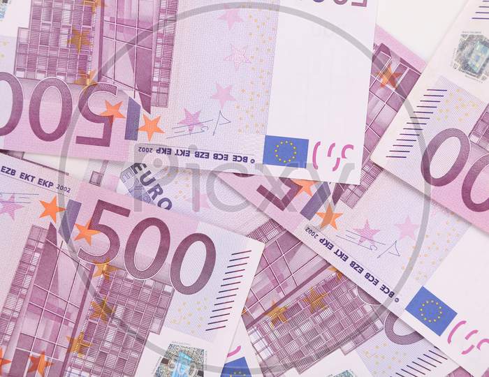Five Hundred Euro Banknotes. Macro. Whole Background.
