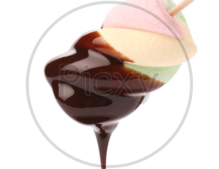 Marshmallow With Chocolate Dripping. Isolated On A White Background.
