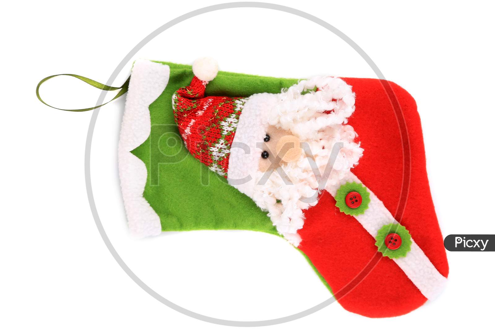 Decorative Christmas Sock With Santa. Isolated On A White Background.