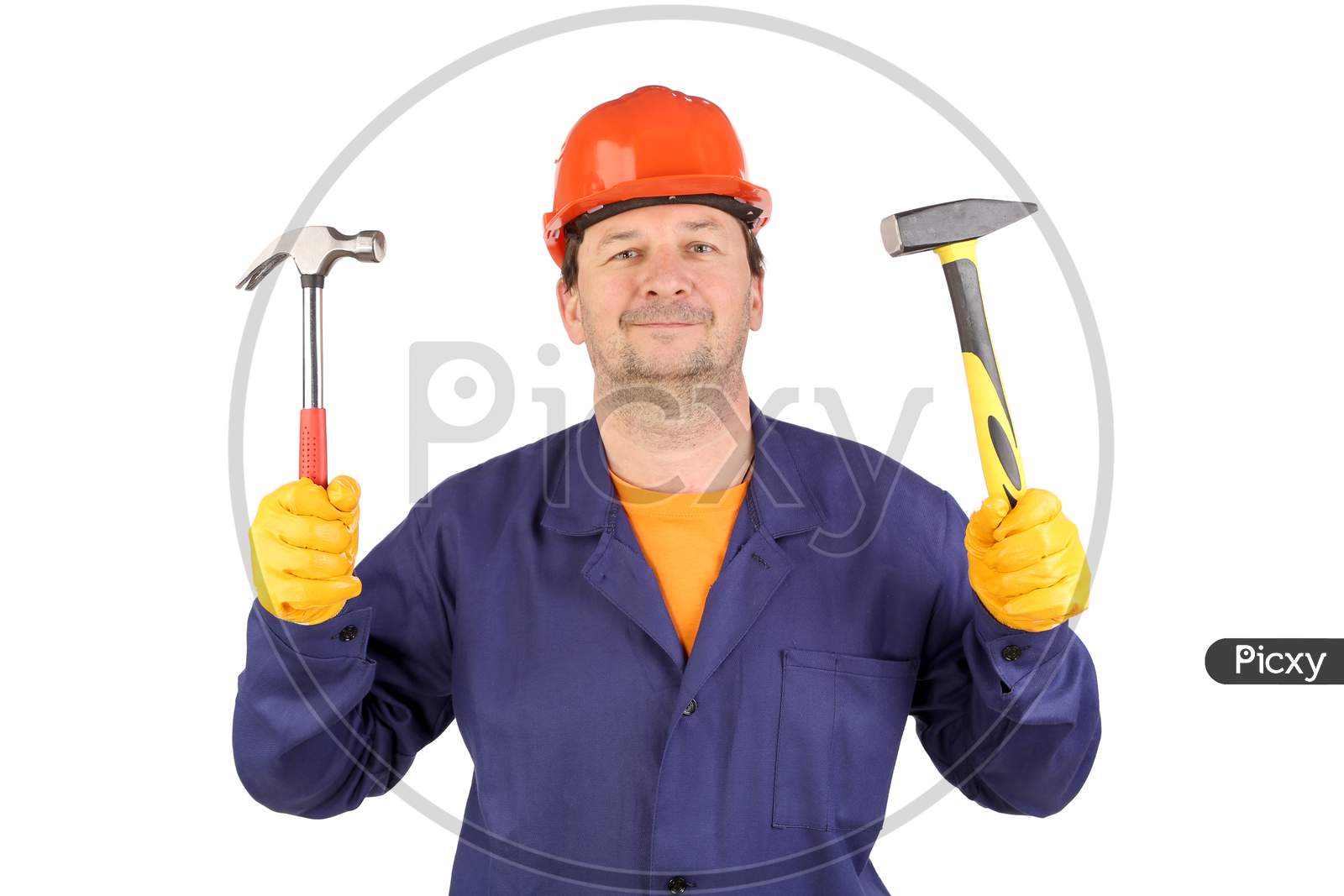 Worker In Hard Hat Holding Hammers. Isolated On A White Background.