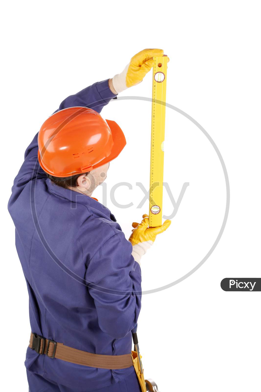 Worker In Hard Hat Raising Ruler. Isolated On A White Background.