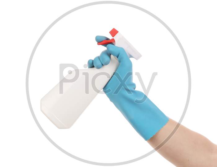 Hand In Gloves Holds Spray Bottle. Isolated On A White Background.