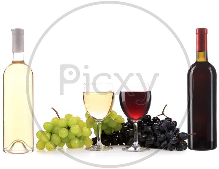 Composition Of Wine Bottle And Glass. Isolated On A White Background.