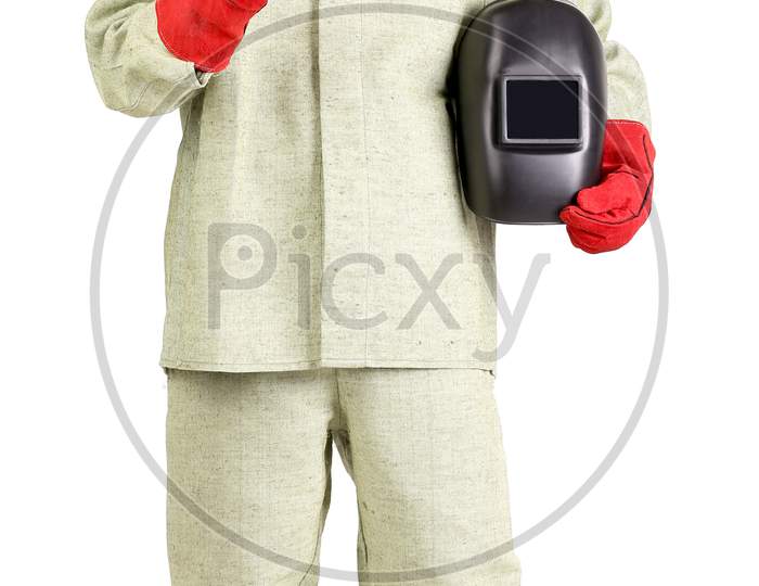 Welder With Mask And Coffee. Isolated On A White Background.