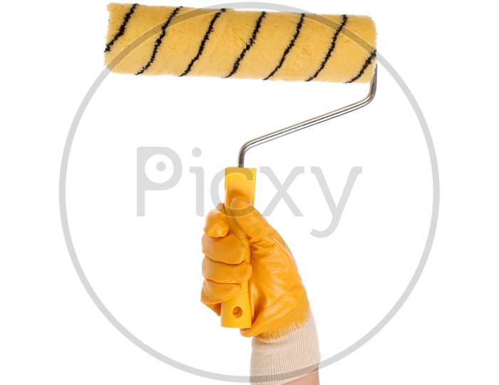 Hand With Paintbrush Roller. Isolated On A White Background.