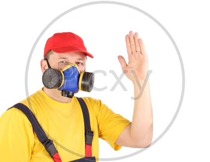 Worker In Gas Mask Say Hi. Isolated On A White Background.