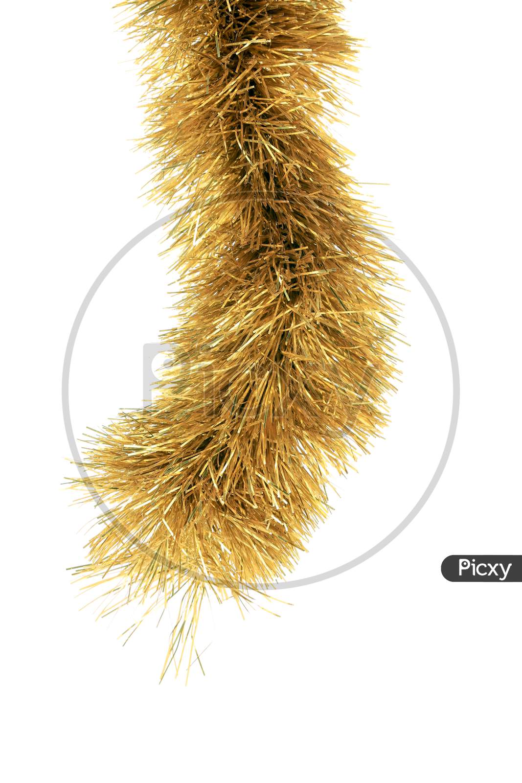 Close Up Of Christmas Golden Tinsel. Isolated On A White Background.