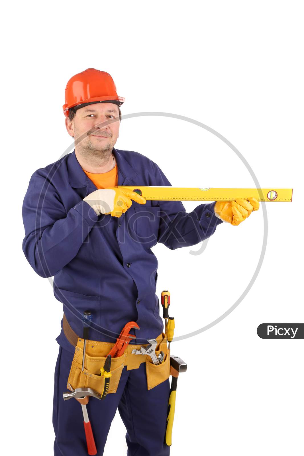Worker In Hardhat Holding Ruler. Isolated On A White Background.