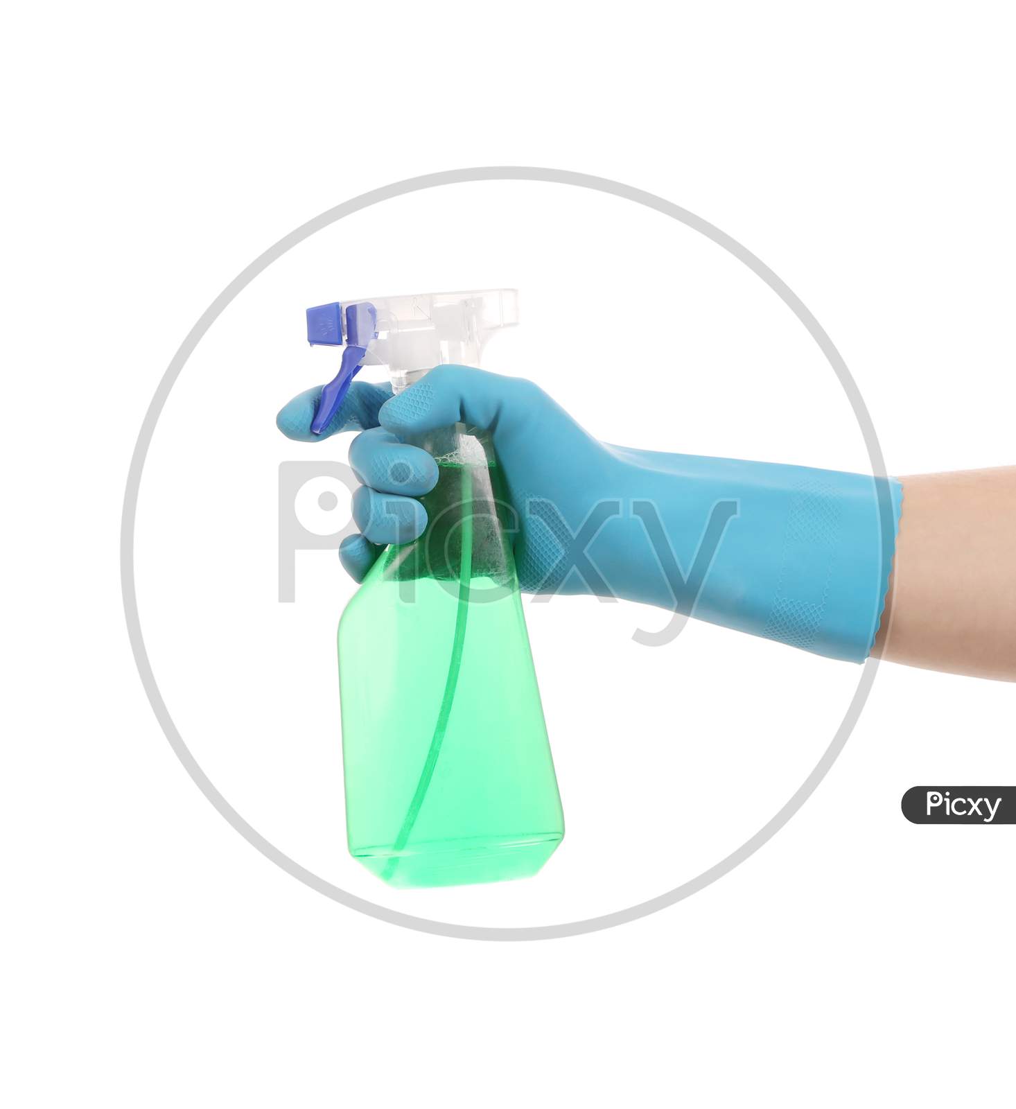 Hand In Gloves Holds Spray Bottle. Isolated On A White Background.