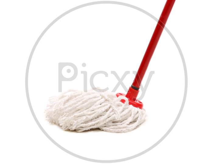 Closeup Of Red Mop For Cleaning. Isolated On A White Background.