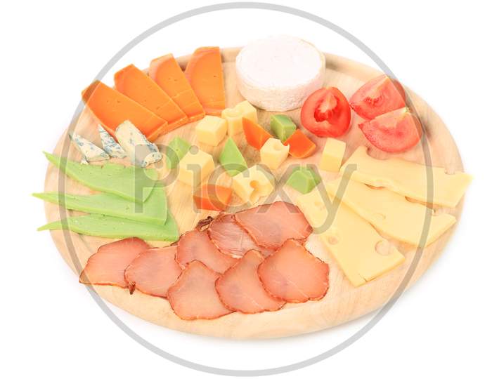 Meat And Cheese Platter. Isolated On A White Background.