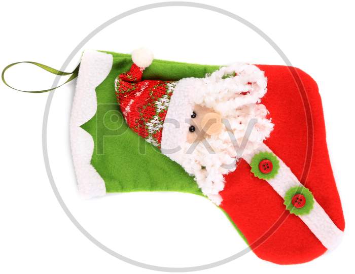 Decorative Christmas Sock With Santa. Isolated On A White Background.