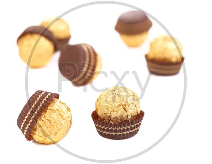 Bunch Of Round Chocolate Bonbons. Whole Background.