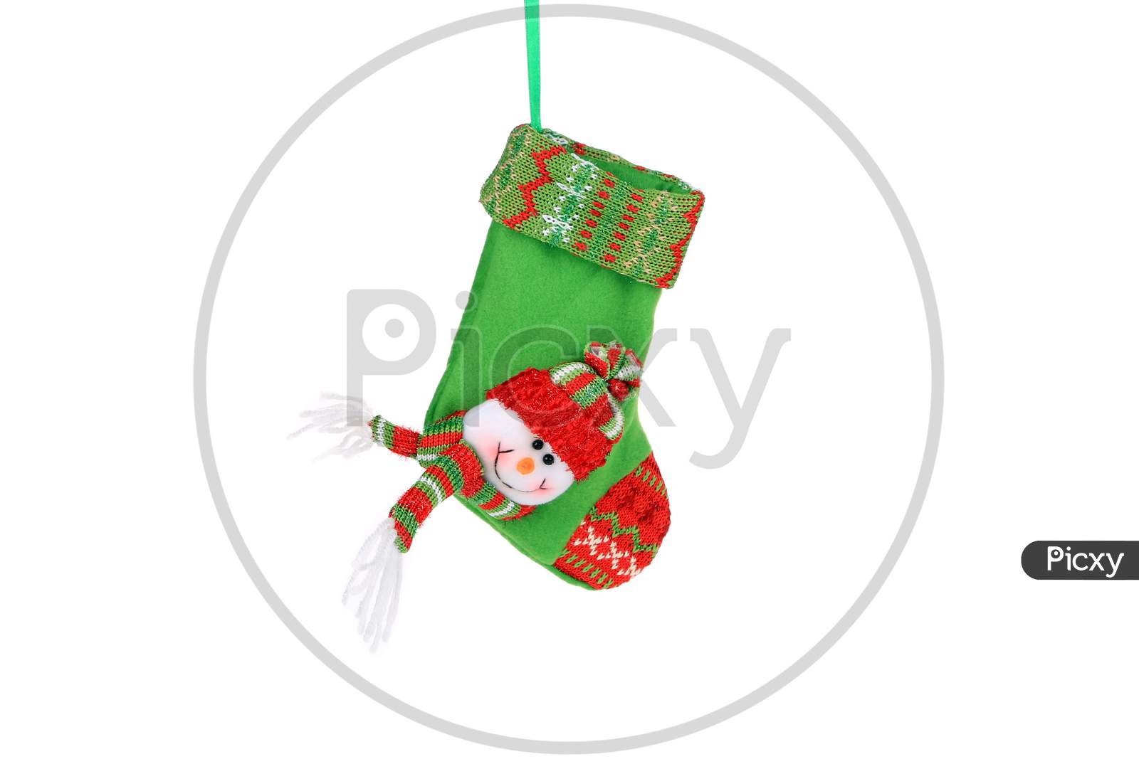 Christmas Green Sock With Snowman. Isolated On A White Background.